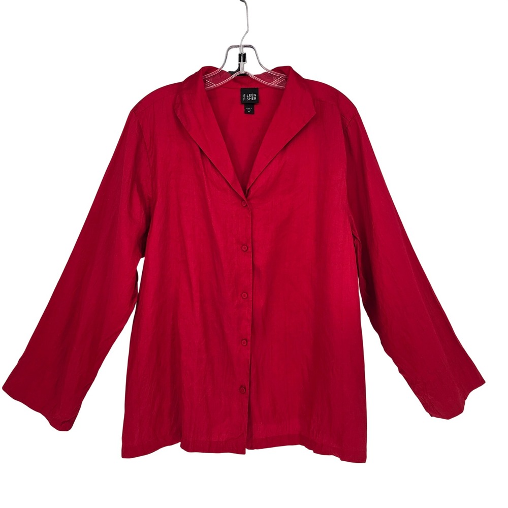 Eileen Fisher Textured Silk Button Up Top XL Rich Red Collared Split Cuff Luxury